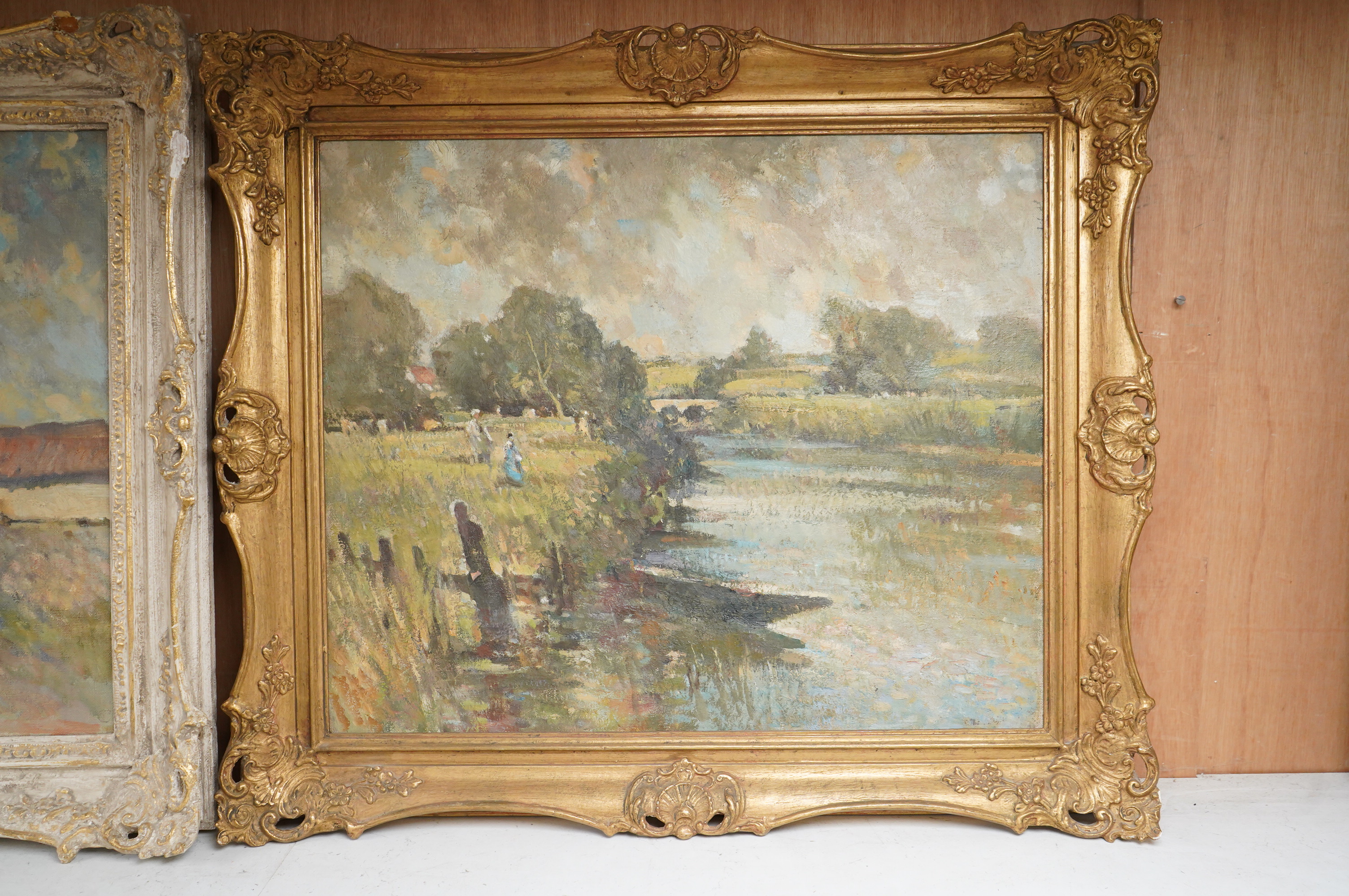 Attributed to John Brown Harrison (1876-1958), River scene with figures and rural landscape with cattle, each unsigned, two oils on canvas, ornately framed, 50 x 60cm